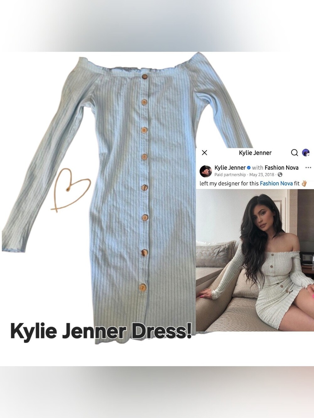 Fashion Nova Powder Blue Off the Shoulder Button Front Bodycon Mini Dress Large